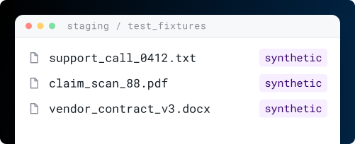 A staging test-fixtures folder containing a call transcript, a scanned claim PDF, and a contract, each marked as synthetic.