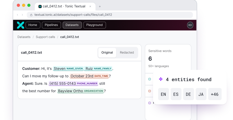 Tonic Textual file preview of a support call transcript with names, dates, phone numbers, and organizations highlighted as detected entities, and a callout showing 4 entities found across multiple languages.