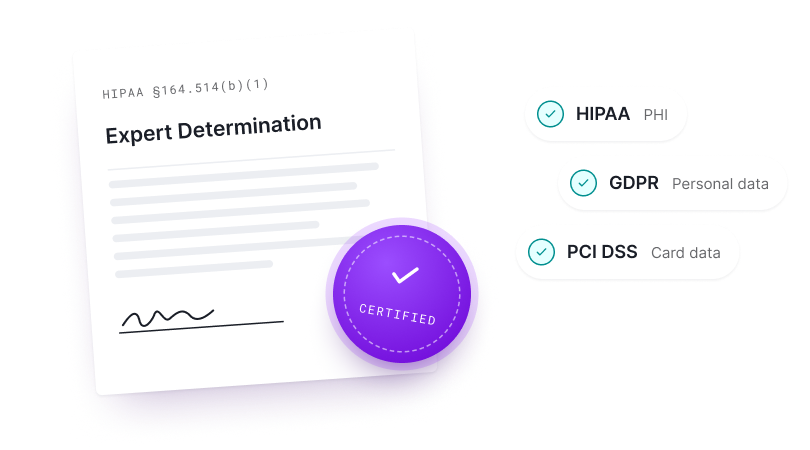 An Expert Determination document stamped with a certified seal, next to checkmarks for HIPAA, GDPR, and PCI DSS.