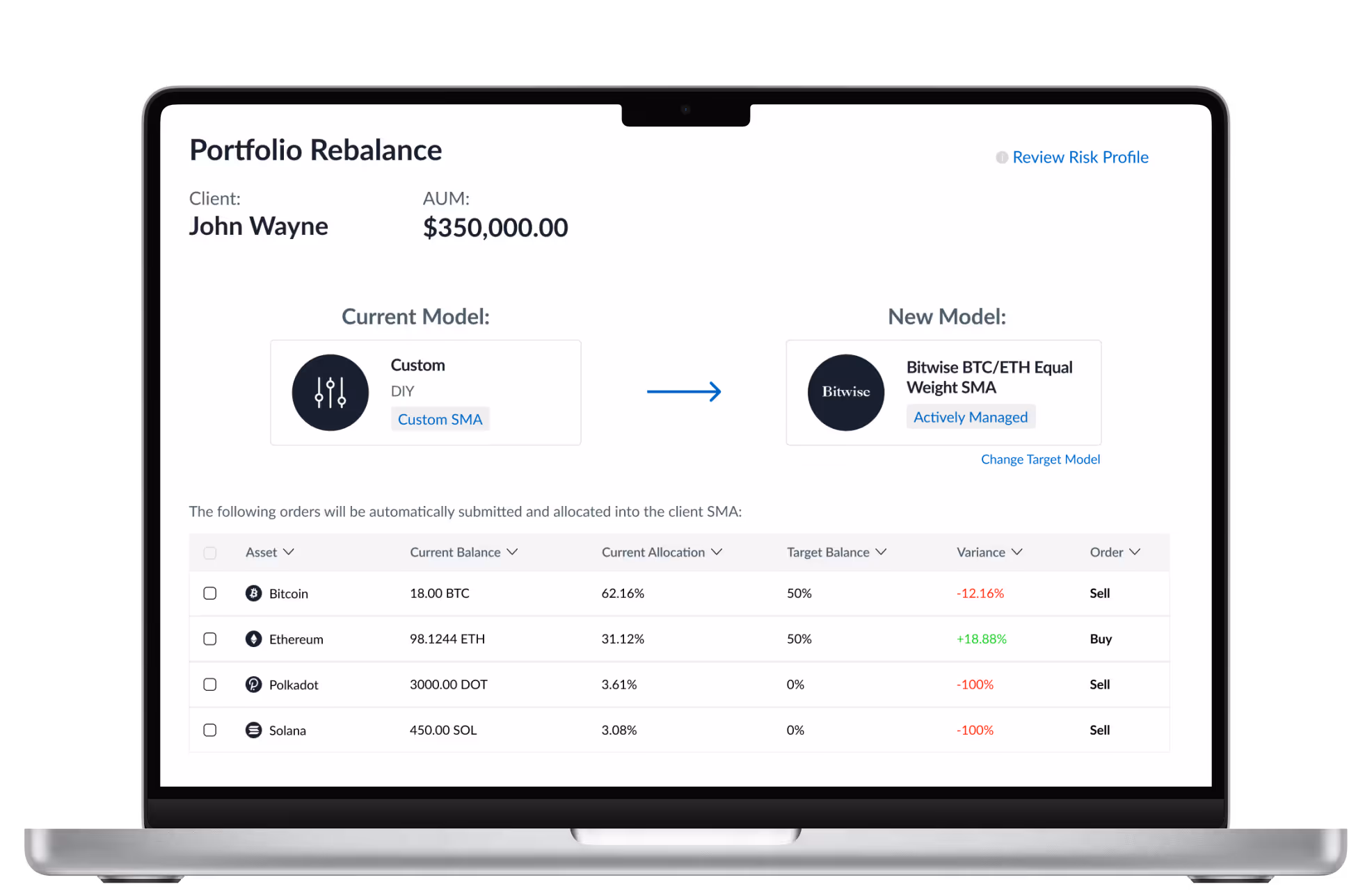 Laptop screen showing a portfolio rebalance dashboard for client John Wayne with $350,000 AUM, switching from a custom DIY model to Bitwise BTC/ETH Equal Weight SMA, detailing asset balances, allocations, variances, and buy or sell orders for Bitcoin, Ethereum, Polkadot, and Solana.