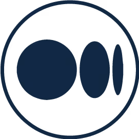 Minimalist icon of three dark blue circles decreasing in size from left to right inside a dark blue circular border.