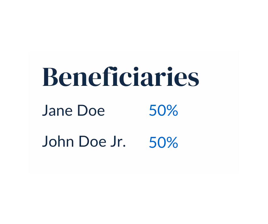 Beneficiaries listed with Jane Doe and John Doe Jr. each receiving 50 percent.