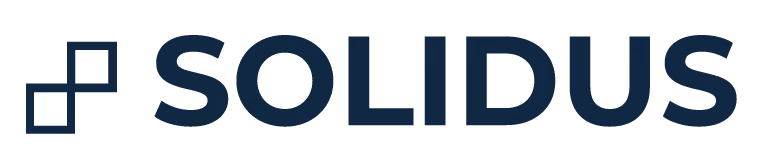 Solidus wordmark in bold uppercase with a stylized square chain link symbol to the left