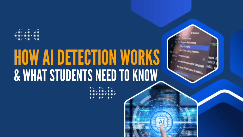 A dark blue graphic with the text "How AI Detection Works & What Students Need to Know" overlaid on images of AI chat interfaces and menus.
