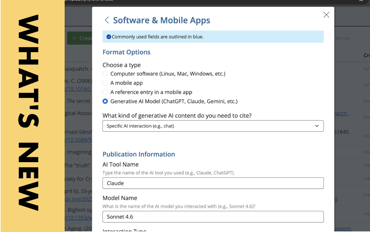 An image of the interface used to create references for AI tools directly within PERRLA's reference engine along with the text "What's New?" along the left side of the image.