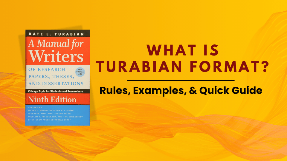 Blog post header image for "What Is Turabian Format? Rules, Examples, & Quick Guide." The cover of Kate L. Turabian's A Manual for Writers of Research Papers, Theses, and Dissertations, Ninth Edition, is displayed on the left against a warm gold and orange background with flowing abstract shapes. Text on the right reads "What Is Turabian Format?" with the subtitle "Rules, Examples, & Quick Guide."