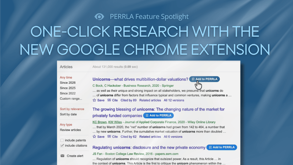 Blog post header image for the PERRLA Feature Spotlight series. Text reads "One-Click Research with the New Google Chrome Extension" against a blue background with the PERRLA Feature Spotlight label at the top. A screenshot of Google Scholar search results is displayed in the foreground, showing the blue "Add to PERRLA" button appearing next to multiple search results, with a cursor hovering over one of the buttons.