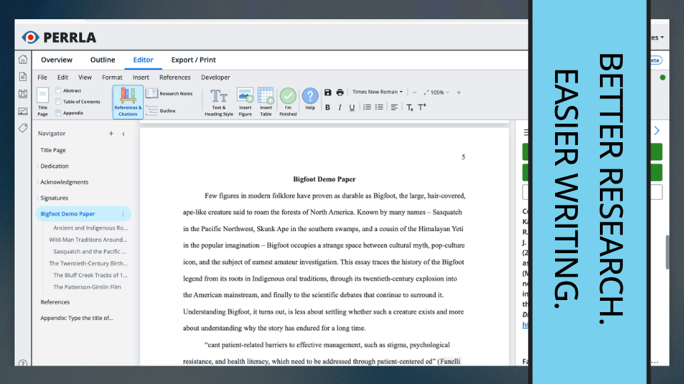 Blog post header image for the PERRLA newsletter blog series. Text on the right reads "Better Research. Easier Writing." in bold vertical text against a light blue background. On the left, a screenshot of PERRLA Online's new editor interface shows a Bigfoot demo paper open with a navigation panel on the left side listing paper sections including chapters, headings, and appendices, and the PERRLA ribbon across the top with tools including References & Citations, Research Notes, and Insert options.
