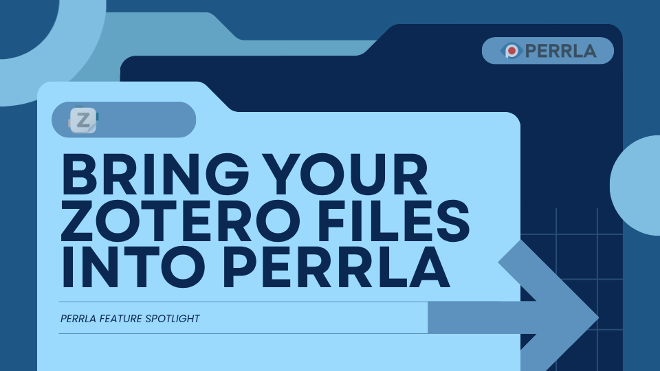 Blog post header image for the PERRLA Feature Spotlight series. Text reads "Bring Your Zotero Files into PERRLA" against a light blue folder graphic overlaid on a dark navy background. A small icon representing Zotero appears in the upper left of the folder, a PERRLA logo badge is visible in the upper right corner, and a large arrow points to the right, representing the transfer of files from Zotero into PERRLA.