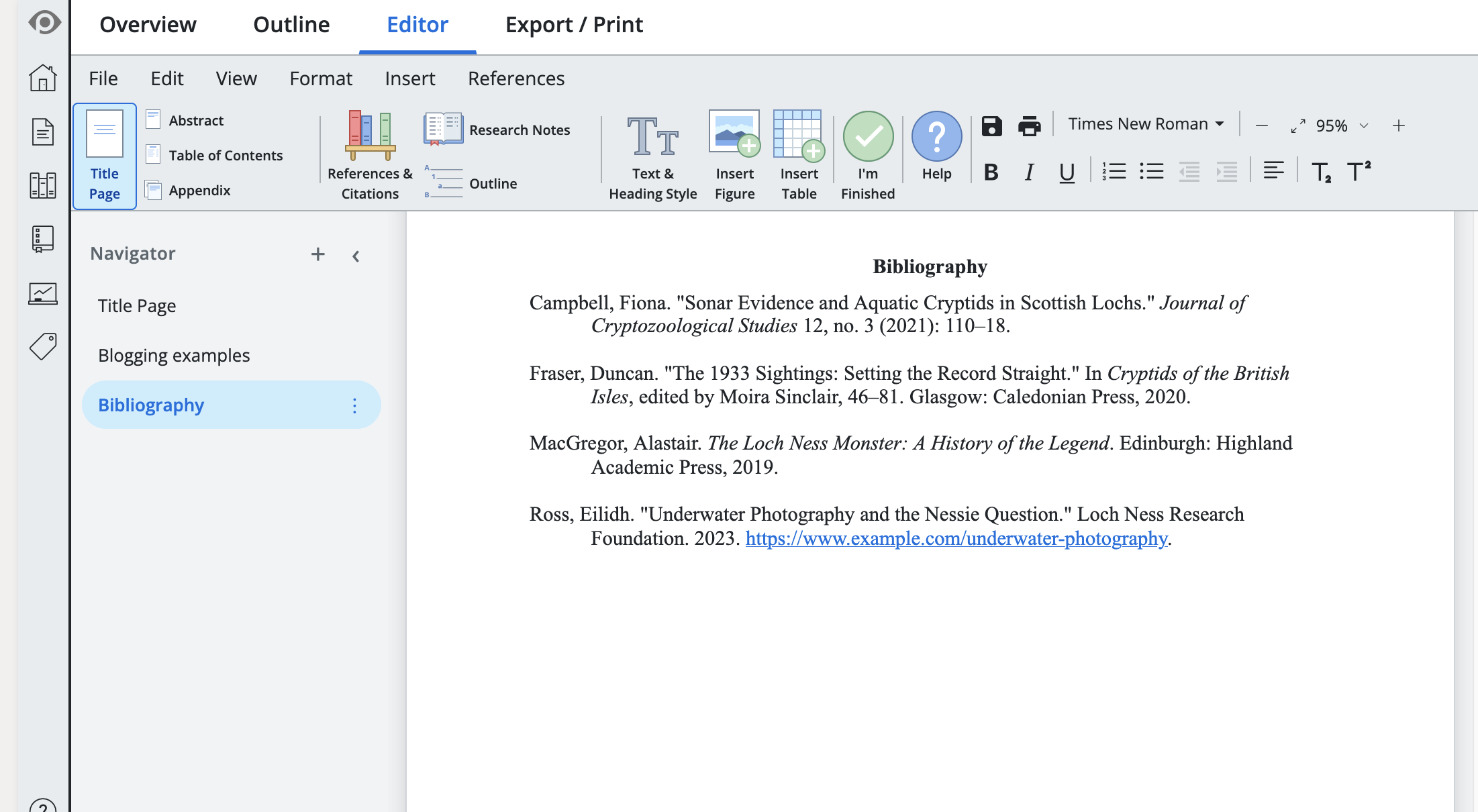 Screenshot of a Turabian bibliography as it appears in PERRLA Online's paper editor. The Navigator panel on the left shows "Bibliography" selected and highlighted in blue. The main editing area displays four correctly formatted bibliography entries in alphabetical order — a journal article by Campbell, a book chapter by Fraser, a book by MacGregor, and a website by Ross — each with a hanging indent and single-spacing within entries, with a blank line between entries. The PERRLA ribbon is visible across the top of the interface.