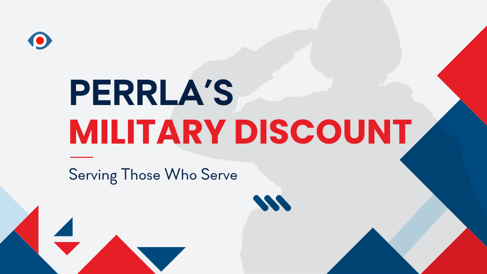 Blog post header image for "PERRLA's Military Discount: Serving Those Who Serve." Text reads "PERRLA's Military Discount – Serving Those Who Serve" against a light background with red, white, and blue geometric shapes. A silhouette of a military service member saluting is visible in the center background, with the PERRLA logo in the upper left corner.