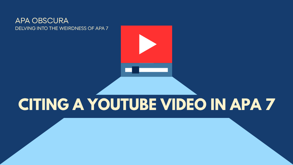 Blog post header image for the APA Obscura series. Text reads "Citing a YouTube Video in APA 7" in bold gold lettering at the bottom, with "APA Obscura – Delving into the Weirdness of APA 7" in the upper left corner, all against a dark navy background. A flat illustration of a YouTube video player with a red play button is displayed in the center, with a spotlight beam radiating downward toward the title text.