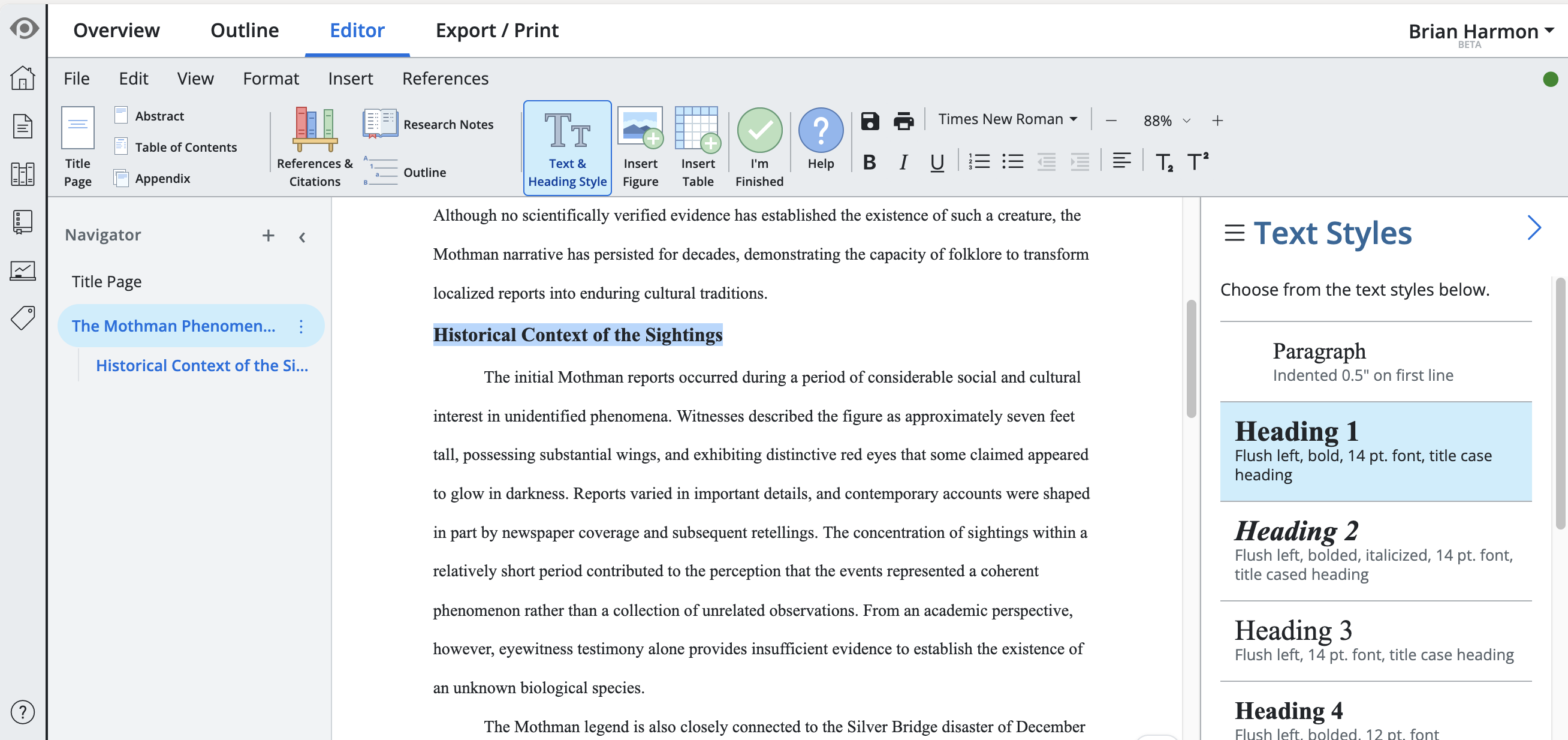 Screenshot of PERRLA Online's paper editor showing an MLA paper about the Mothman phenomenon. A Level 1 heading reading "Historical Context of the Sightings" appears in the paper in bold, flush-left, 14 pt. font. The Text Styles panel is open on the right side of the screen, showing the available MLA heading options: Heading 1 (flush left, bold, 14 pt. font, title case heading, currently selected and highlighted in blue), Heading 2 (flush left, bolded, italicized, 14 pt. font, title case heading), Heading 3 (flush left, 14 pt. font, title case heading), and Heading 4 (flush left, bolded, 12 pt. font). The Navigator panel on the left shows the paper's structure with the Title Page and the Mothman Phenomenon section listed.