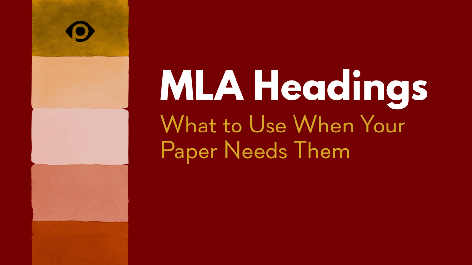 Blog post header image for the MLA series. Text reads "MLA Headings – What to Use When Your Paper Needs Them" against a dark red background. A vertical stack of four rectangular color blocks in shades of gold, peach, pink, and terracotta is displayed on the left side of the image, with the PERRLA logo at the top of the stack, visually representing a hierarchy of heading levels.