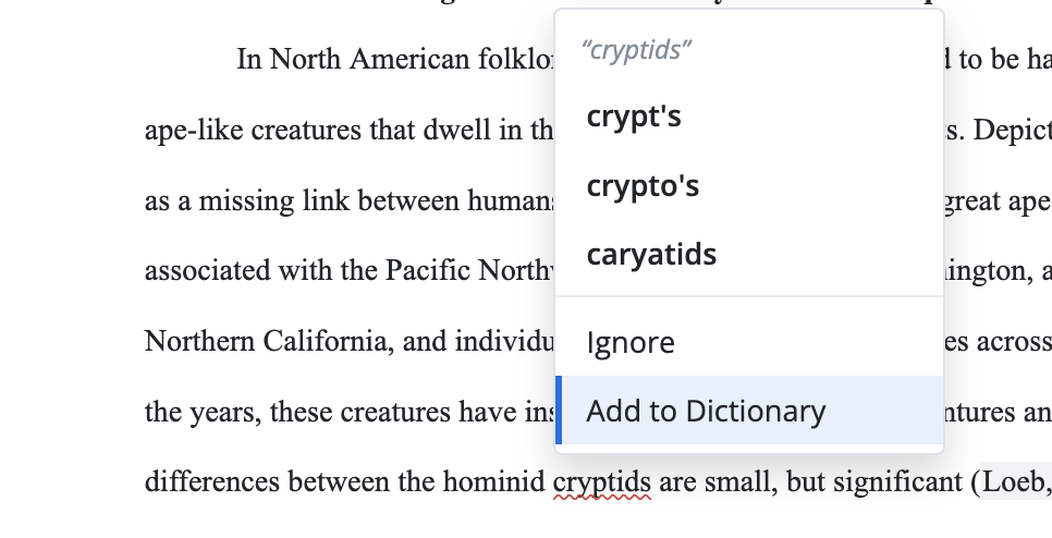 Screenshot of a document with the word “cryptids” flagged by spellcheck. A suggestion menu offers “crypt’s,” “crypto’s,” and “caryatids,” along with options to “Ignore” or “Add to Dictionary.”