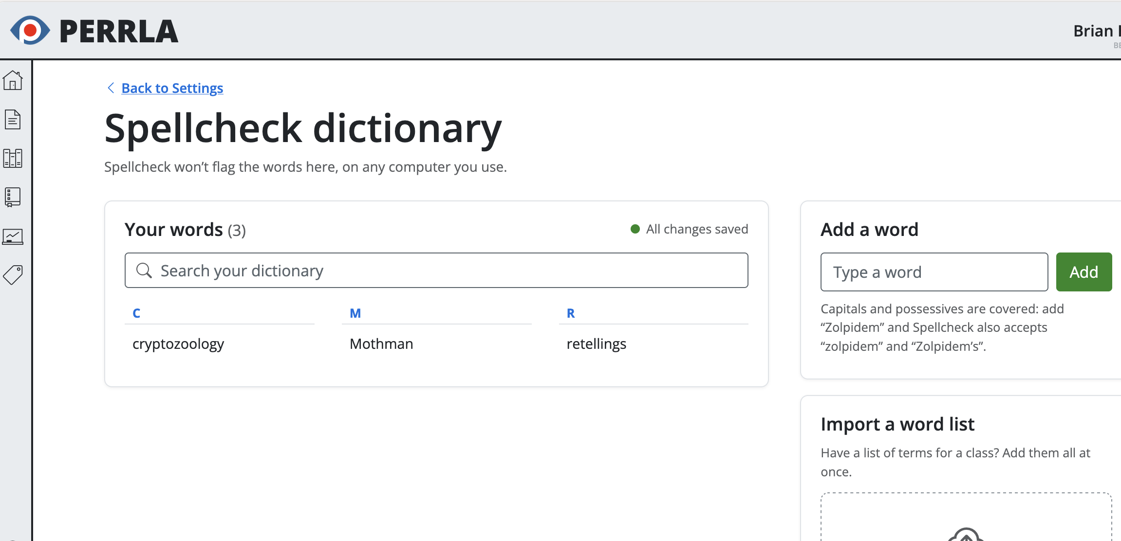 Screenshot of PERRLA’s “Spellcheck dictionary” settings page. The dictionary contains three saved words—“cryptozoology,” “Mothman,” and “retellings”—with options to search the dictionary, add a word, or import a word list.