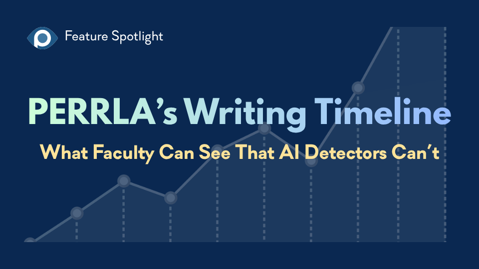 Feature Spotlight blog header image with the title ‘PERRLA’s Writing Timeline: What Faculty Can See That AI Detectors Can’t’ displayed over a dark navy background with a line graph trending upward.
