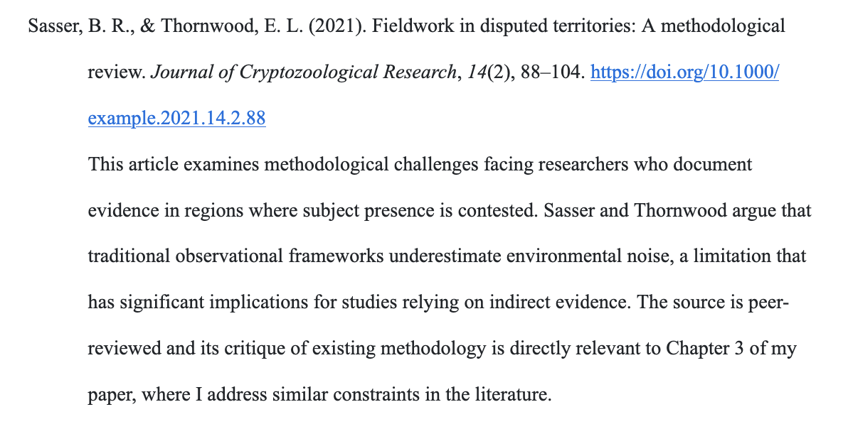 An example of an entry in an Annotated Bibliography, including a full reference for a journal article and a sample annotation.