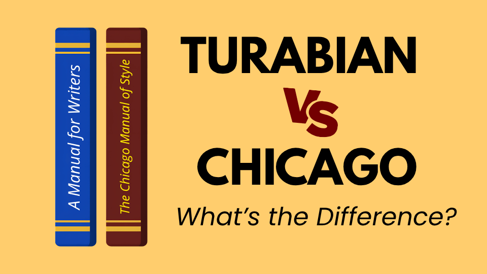Two book spines side by side — A Manual for Writers in blue and The Chicago Manual of Style in dark red — next to bold text reading “Turabian vs Chicago: What’s the Difference?”