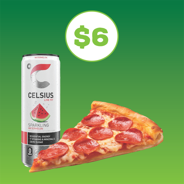 Slice of pepperoni pizza and a Celsius Can