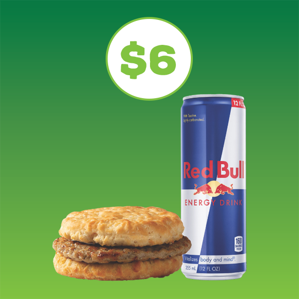 A sausage biscuit and a can of Red Bull
