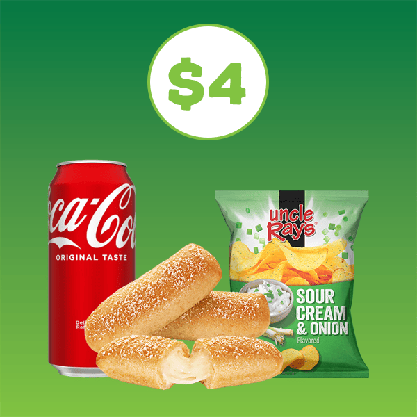 Can of coke, A Bosco Stick, and bag of Uncle Ray's Chips