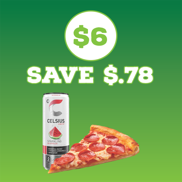 Slice of pepperoni pizza and a Celsius Can