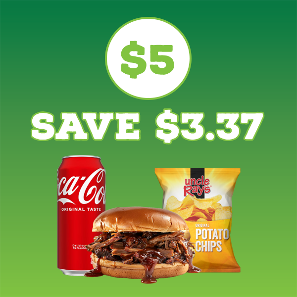 Can of Coke, BBQ Sandwich, and a bag of Uncle Ray's Chips