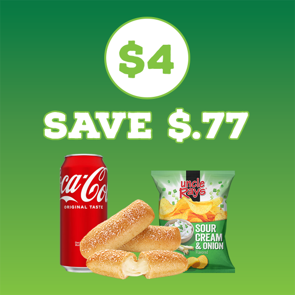 Can of coke, A Bosco Stick, and bag of Uncle Ray's Chips