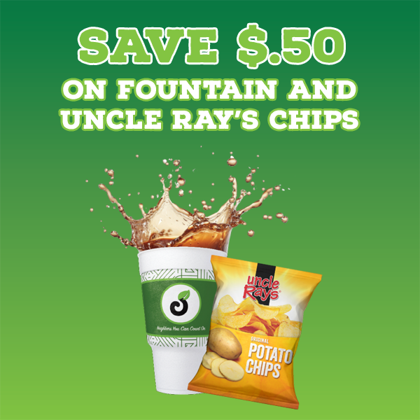 Fountain drink and bag of Uncle Ray's Chips