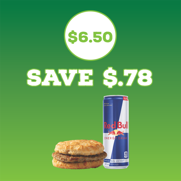 A sausage biscuit and a can of Red Bull