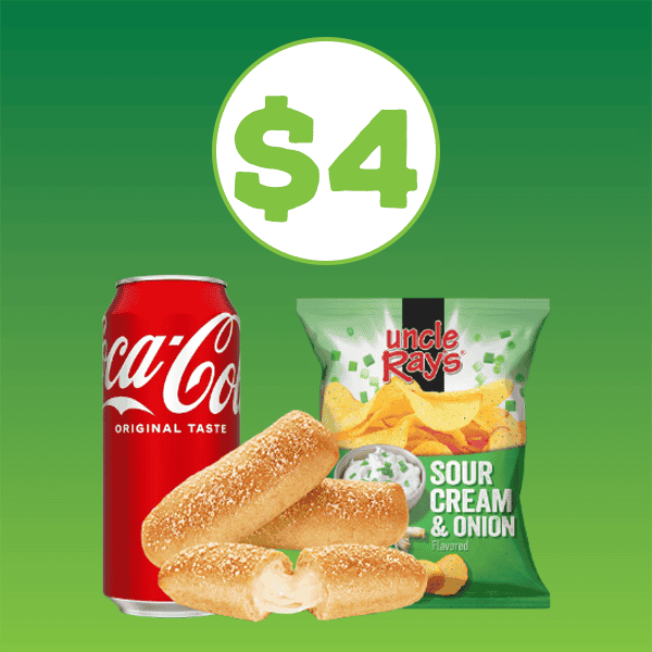 Can of coke, A Bosco Stick, and bag of Uncle Ray's Chips
