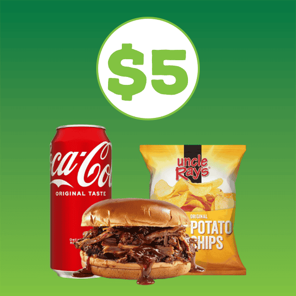 Can of Coke, BBQ Sandwich, and a bag of Uncle Ray's Chips