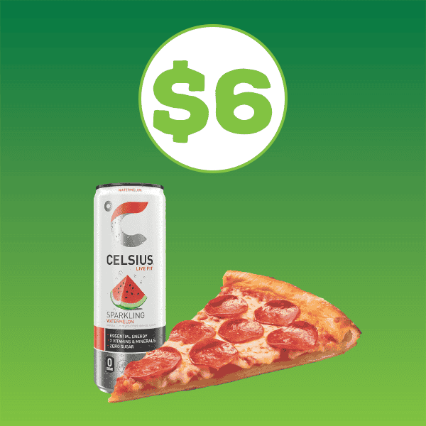 Slice of pepperoni pizza and a Celsius Can