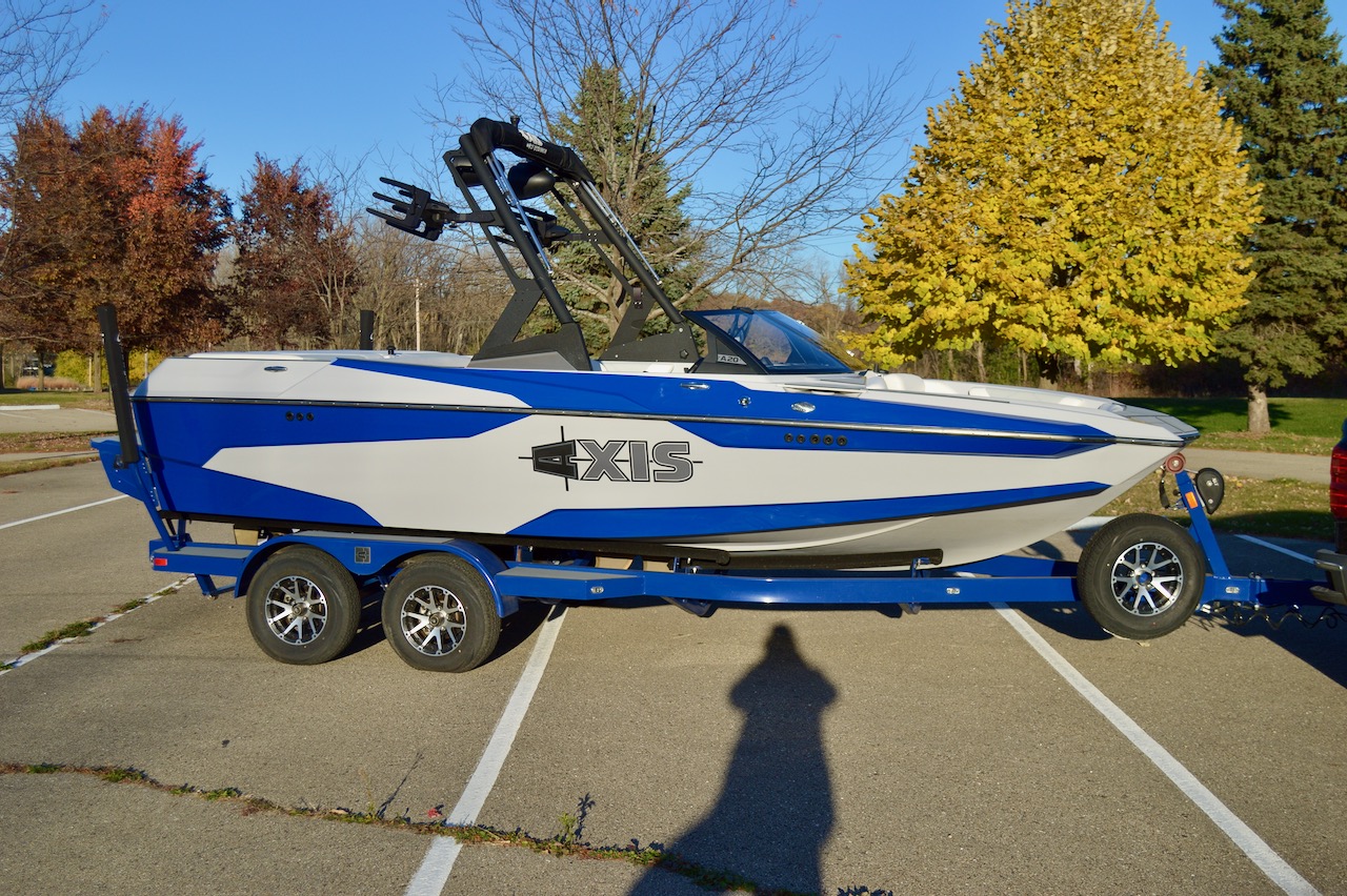 2022 Axis A20 | Redline Watersports | Side View with tandem axle trailer
