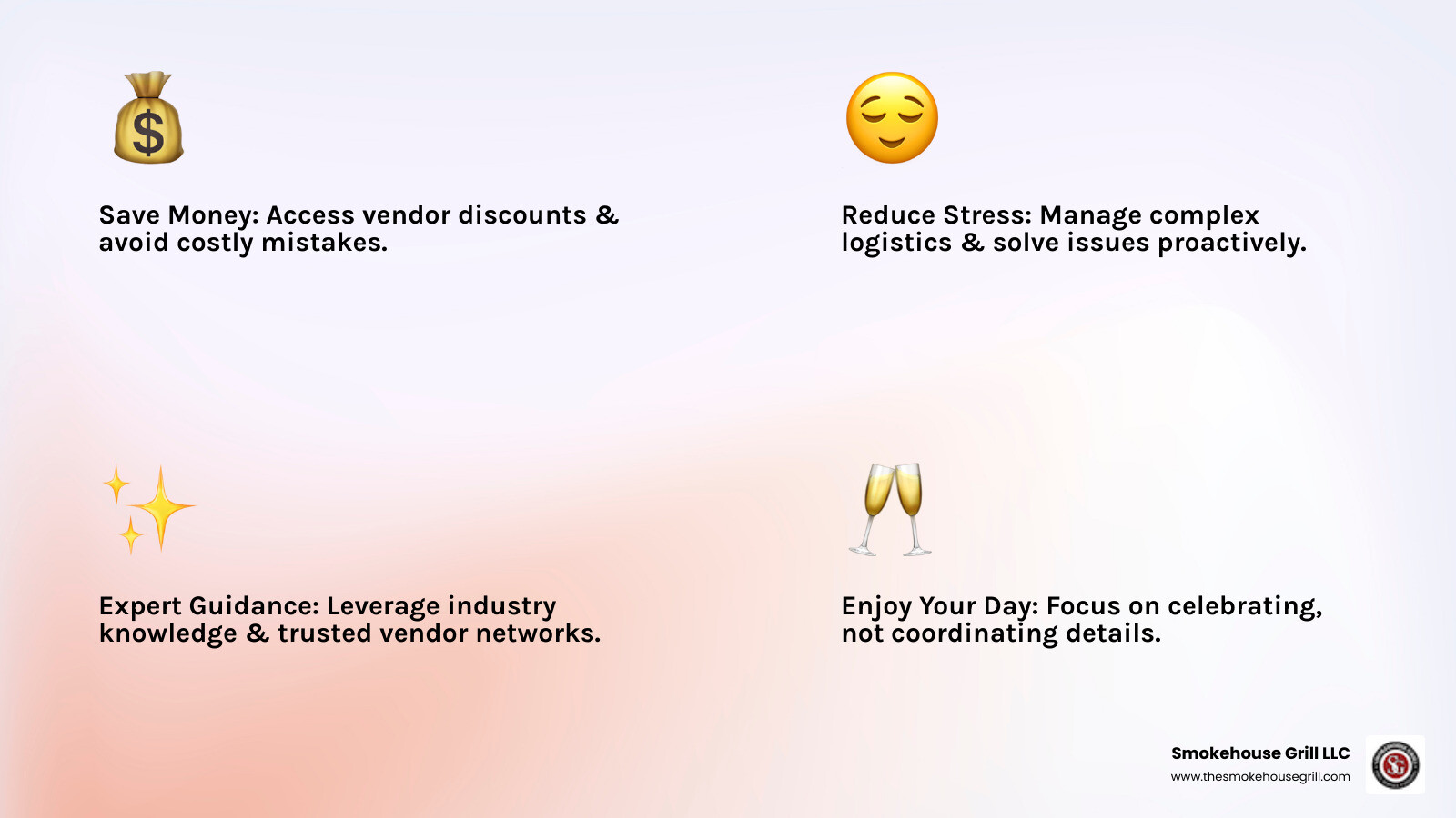 Infographic showing how a wedding planner helps save money, reduce stress, and provide expert guidance, leading to a more enjoyable wedding day. - wedding planning Maryland infographic 4_facts_emoji_light-gradient Infographic showing how a wedding planner helps save money, reduce stress, and provide expert guidance, leading to a more enjoyable wedding day. - wedding planning Maryland infographic 4_facts_emoji_light-gradient