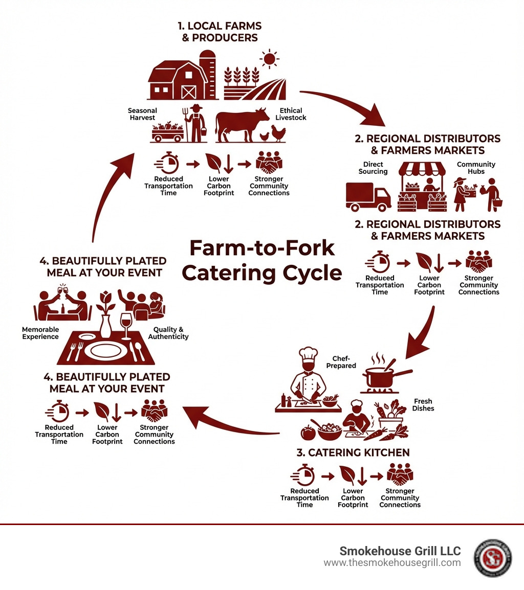 infographic showing the farm-to-fork catering cycle: starting with local farms harvesting seasonal produce and raising livestock, moving to regional distributors and farmers markets, then to the catering kitchen where chefs prepare fresh dishes, and finally arriving as a beautifully plated meal at your event, with icons showing reduced transportation time, lower carbon footprint, and stronger community connections at each stage - Local food catering infographic 