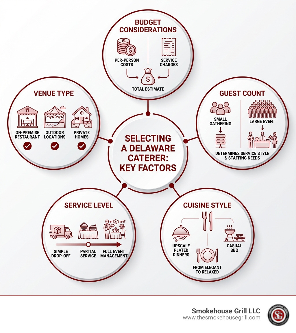 Infographic showing key factors for selecting a Delaware caterer: Budget considerations including per-person costs and service charges; Guest Count determining service style and staffing needs; Cuisine Style ranging from upscale plated dinners to casual BBQ; Service Level from simple drop-off to full event management; and Venue Type including on-premise restaurant spaces, outdoor locations, and private homes - Delaware event caterers infographic 