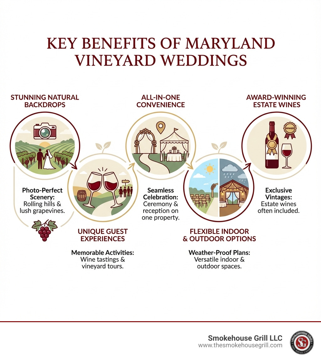 Infographic showing key benefits of Maryland vineyard weddings: stunning natural backdrops with rolling hills and grapevines for photos, unique guest experiences including wine tastings and vineyard tours, all-in-one convenience with ceremony and reception spaces on the same property, flexible indoor and outdoor options for any weather, and award-winning estate wines included in many packages - vineyard wedding venues in maryland infographic Infographic showing key benefits of Maryland vineyard weddings: stunning natural backdrops with rolling hills and grapevines for photos, unique guest experiences including wine tastings and vineyard tours, all-in-one convenience with ceremony and reception spaces on the same property, flexible indoor and outdoor options for any weather, and award-winning estate wines included in many packages - vineyard wedding venues in maryland infographic
