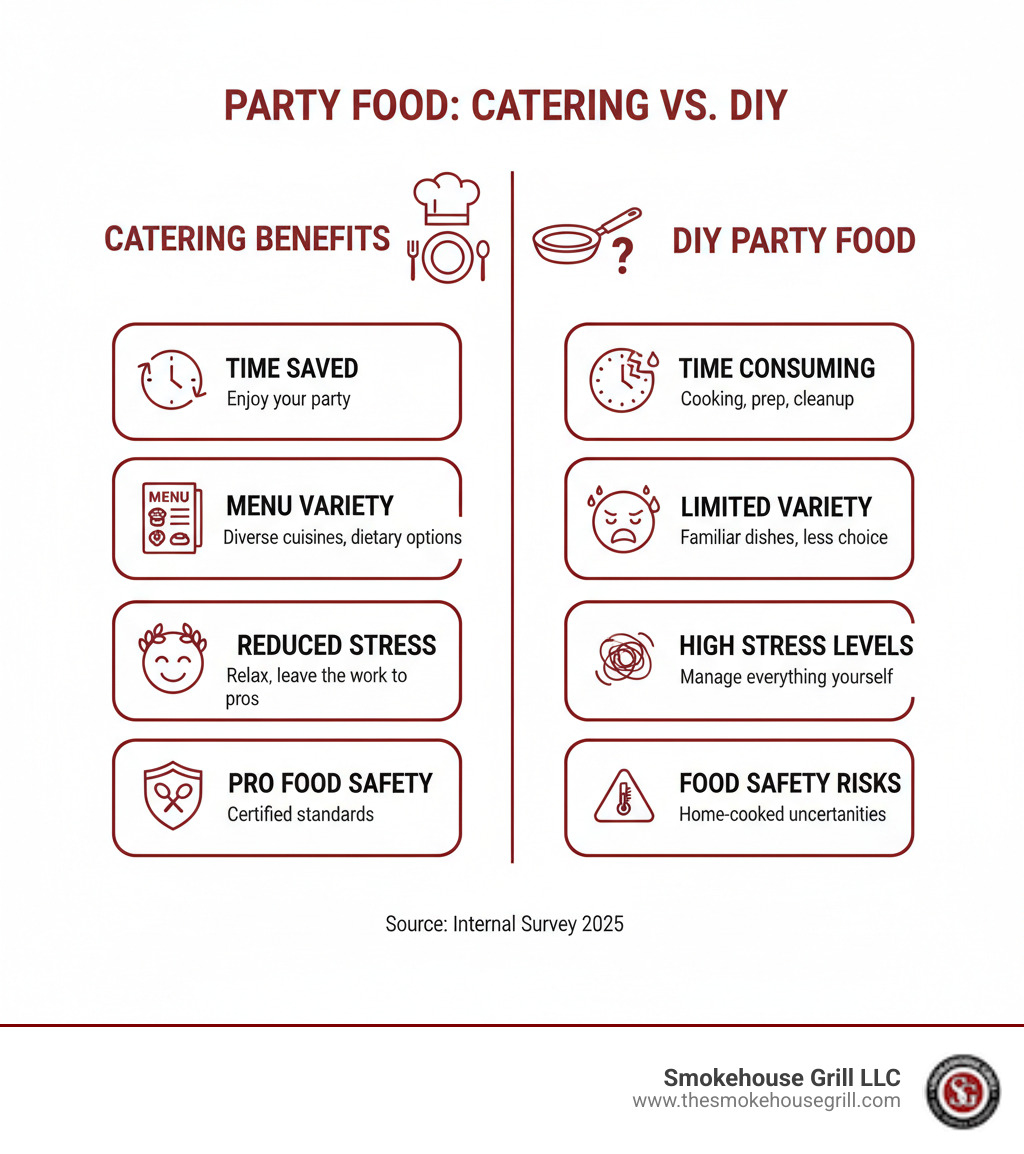 infographic comparing catering benefits versus DIY party food showing time saved, menu variety options, reduced stress levels, and professional food safety standards - catering places for birthday party infographic infographic comparing catering benefits versus DIY party food showing time saved, menu variety options, reduced stress levels, and professional food safety standards - catering places for birthday party infographic