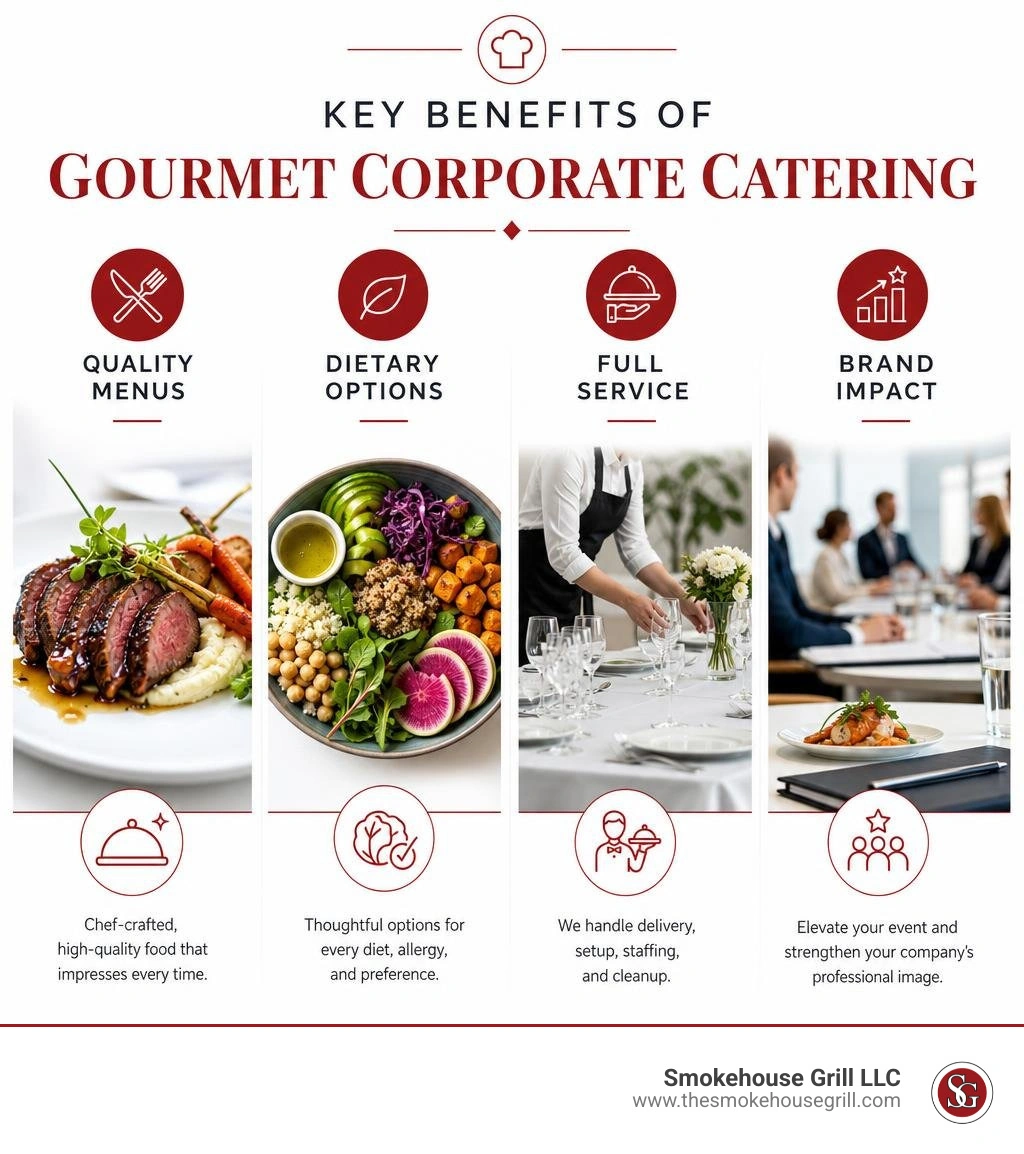 Infographic showing key benefits of gourmet corporate catering: quality menus, dietary options, full service, brand impact Infographic showing key benefits of gourmet corporate catering: quality menus, dietary options, full service, brand impact