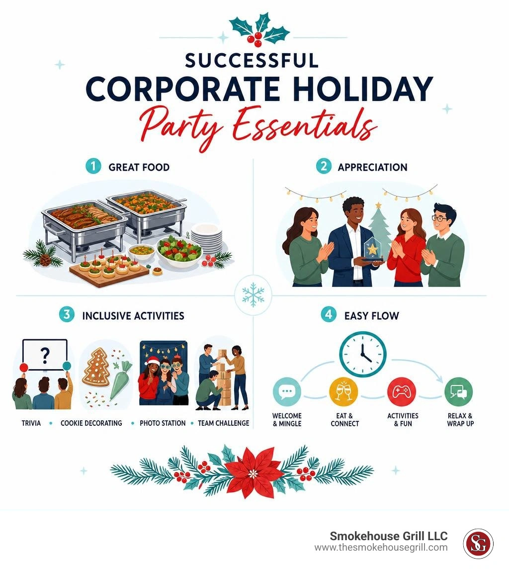 Successful corporate holiday party essentials: food, appreciation, inclusive activities, and easy flow infographic Successful corporate holiday party essentials: food, appreciation, inclusive activities, and easy flow infographic