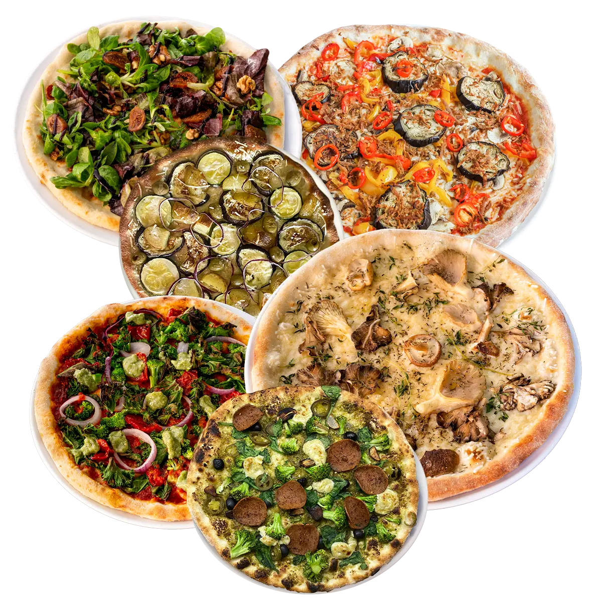 This is a group is pizzas in a collage layout.