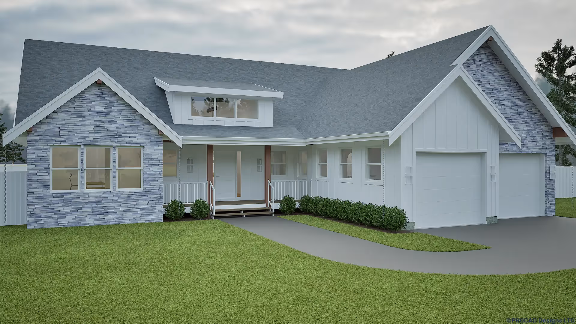Front-left exterior rendering of the ranch-style home with gabled rooflines and attached garage.