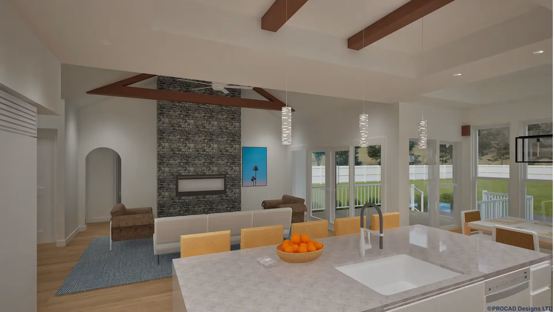 Interior rendering of a bright open-plan living/kitchen area with modern finishes and wood ceiling beams.