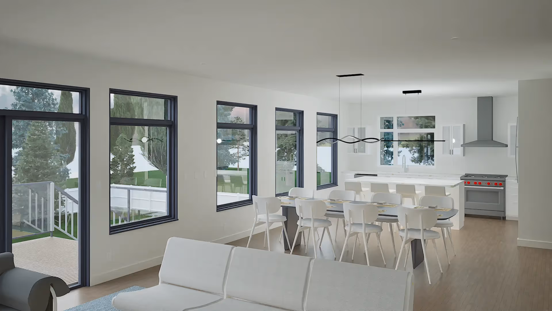Interior rendering of an open-concept living and dining area with large windows and modern furnishings.