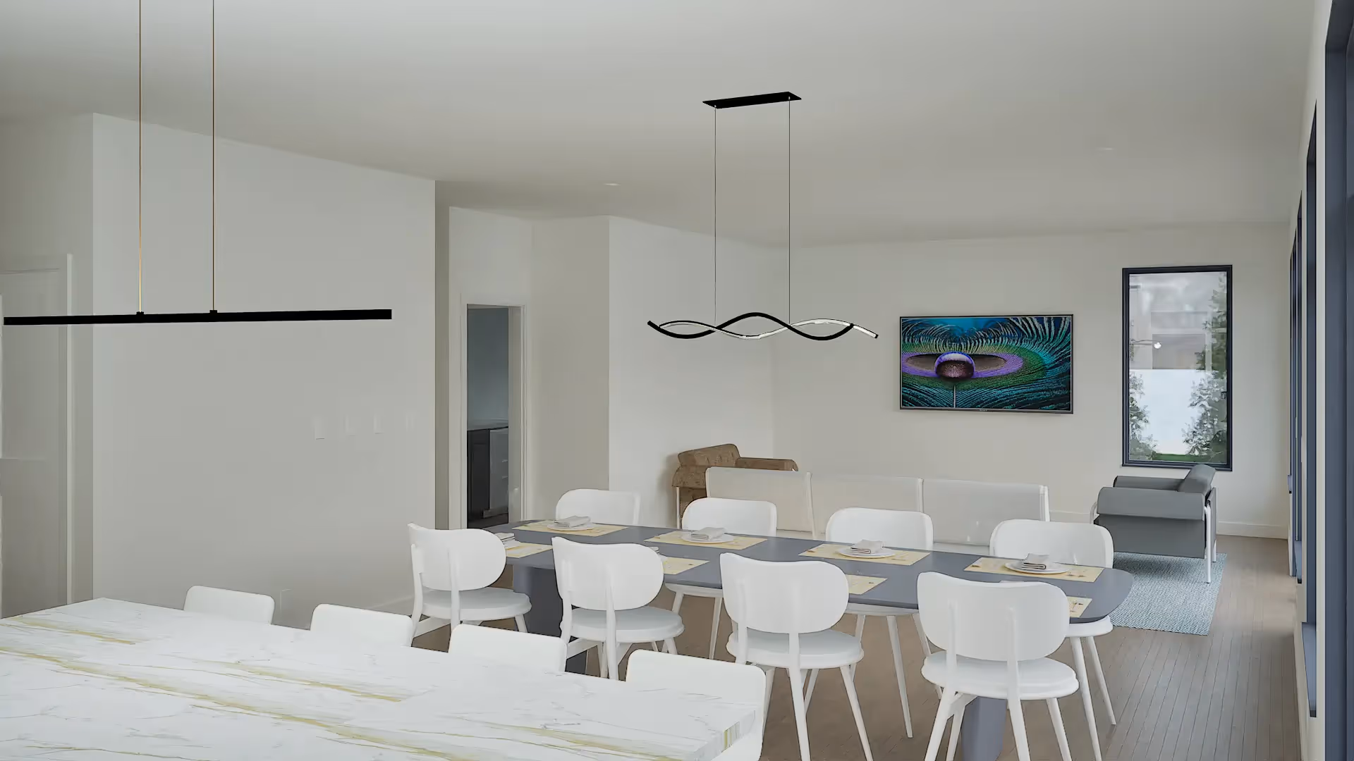 : Interior rendering of a bright kitchen and dining space with an island, pendant lights, and clean modern finishes.