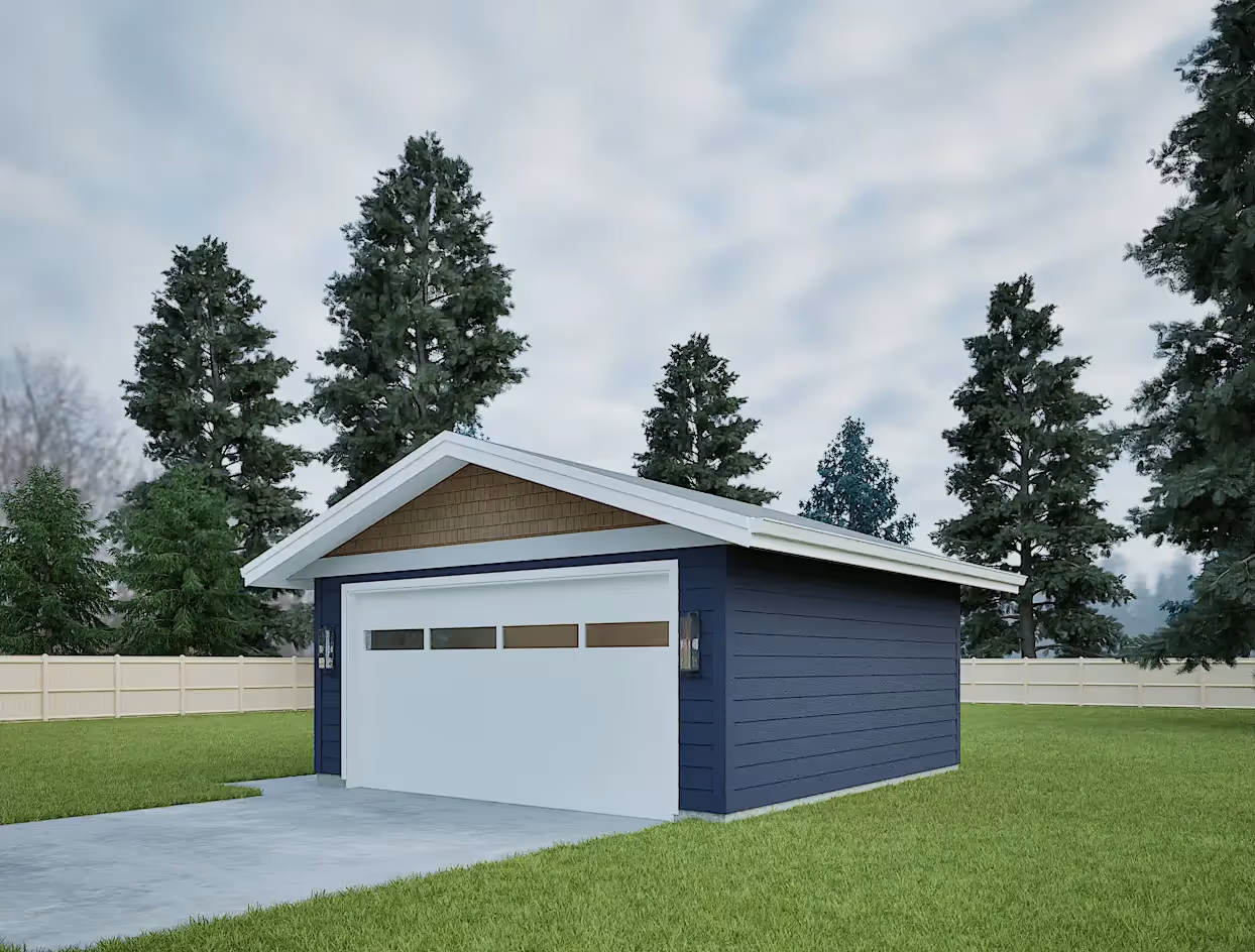 Front-right angle rendering of the detached garage with driveway, trees in the background, and overcast sky.