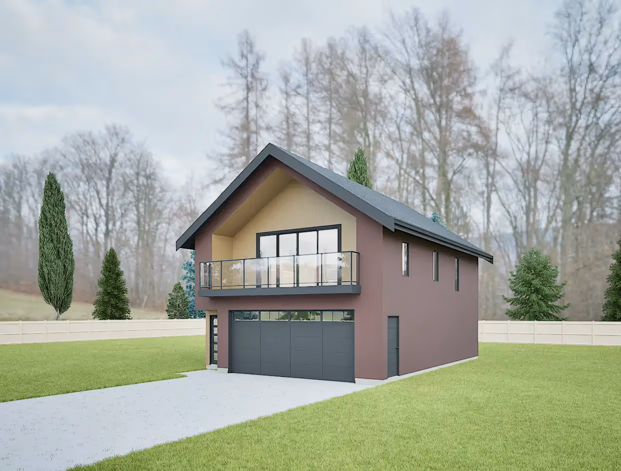 Closer front-right exterior view of the carriage house with garage door and surrounding trees.