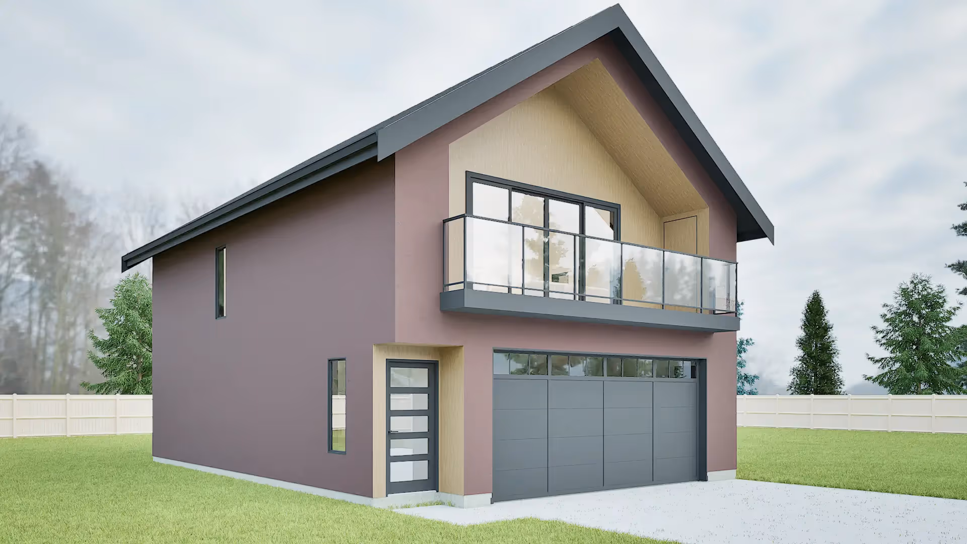 Front-left view of a two-story carriage house rendering with a single-car garage and driveway.